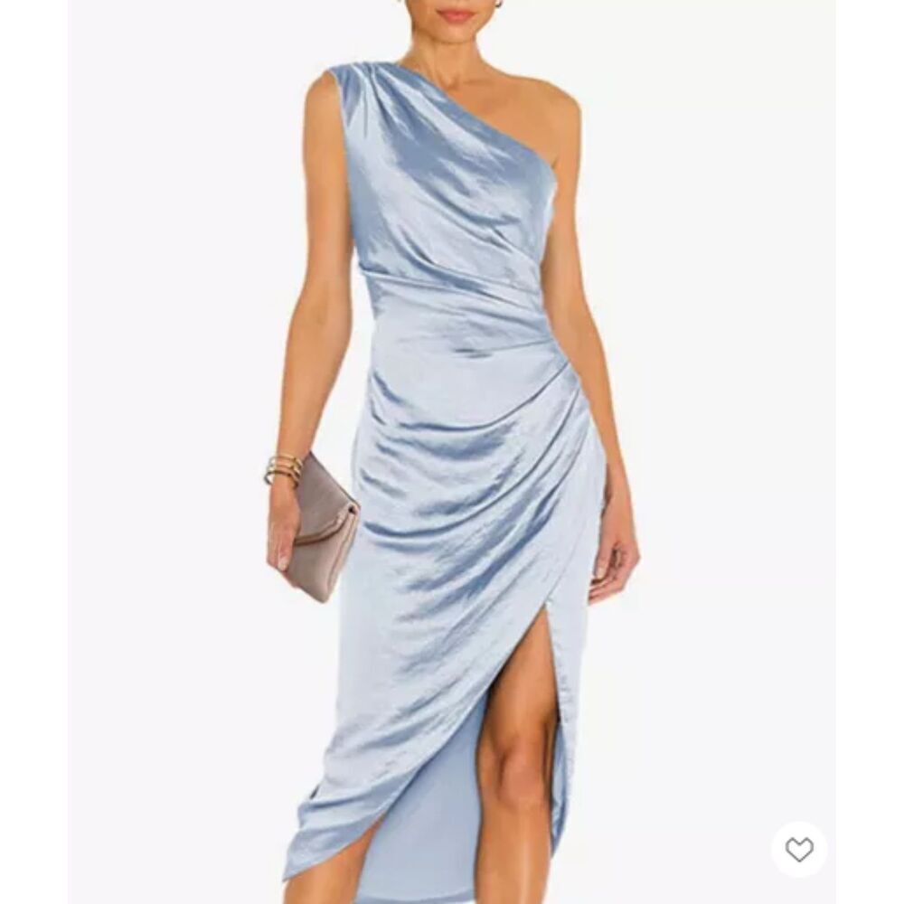 One Shoulder Ruched Satin Draped Slit Dress - Pretty Garden, Light Blue Small